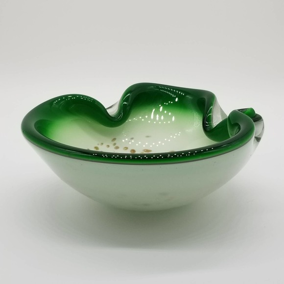 Art Glass Ash Tray Green White Gold Flecks - Picture 6 of 13